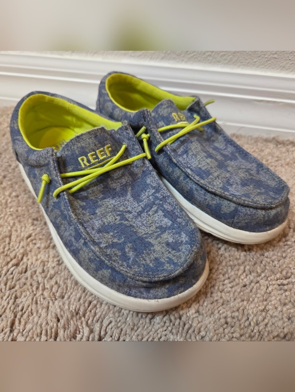 Reef Kids Blue Patterned Canvas Slip-On Shoes with Lime Accents